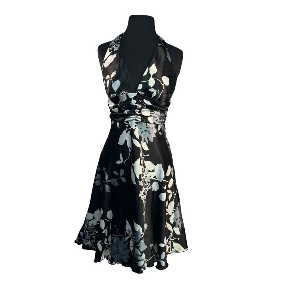 Studio Y Black & White Floral Halter Dress With Satin Finish - Size 5